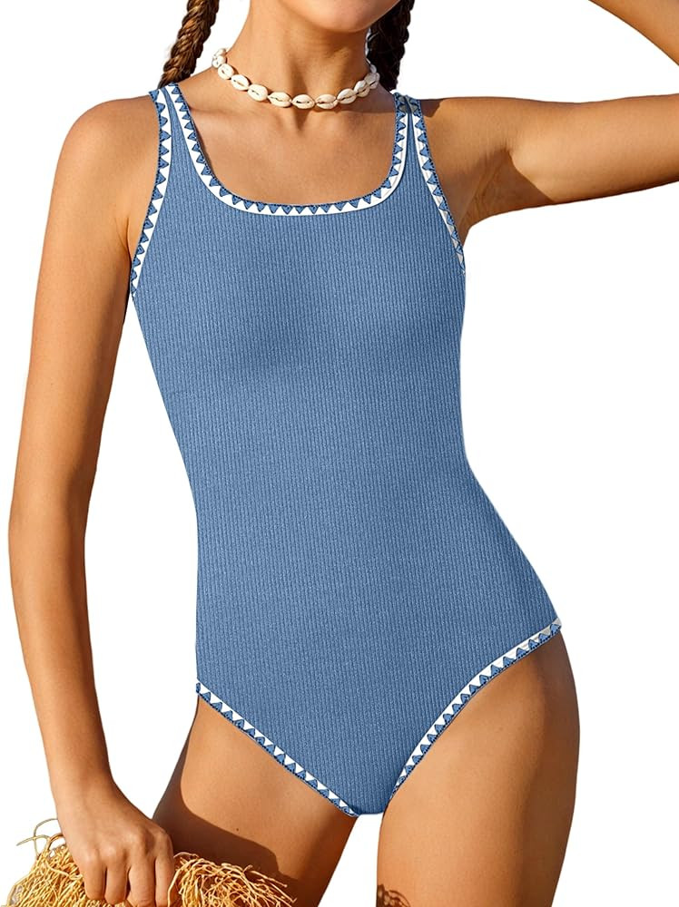 Qaoerde Girls Swimsuit One Piece Swimsuits Solid Color Bathing Suit Colorful Contrast Trim Adjust... | Amazon (US)