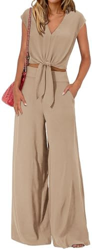PRETTYGARDEN Women's Summer 2 Piece Outfits 2026 Cap Sleeve V Neck Belted Crop Tops Wide Leg Pant... | Amazon (US)