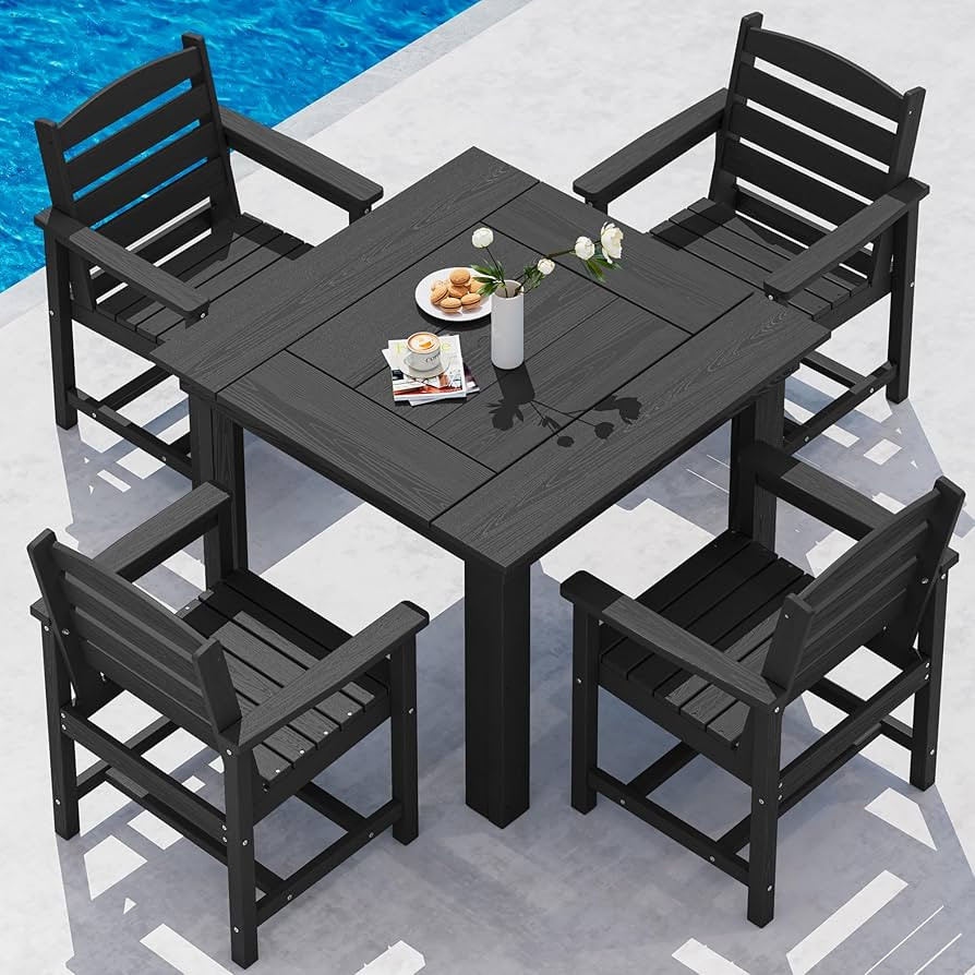 SERWALL Outdoor Dining Set for 4, HDPE Square Table and Chairs Set All Weather Patio Dining Set w... | Amazon (US)