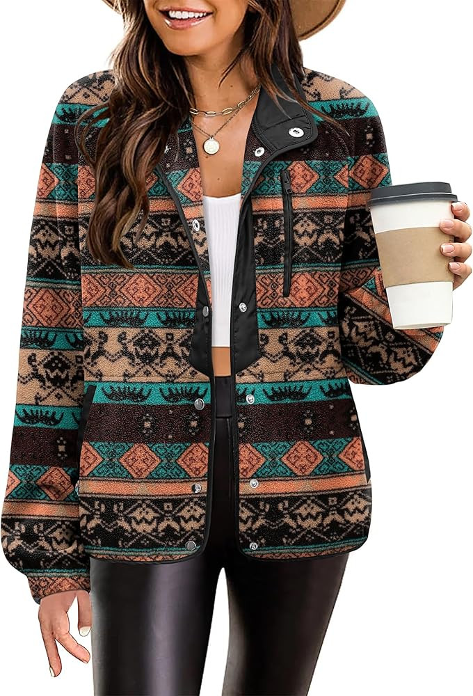 Zeagoo Women's Cozy Fleece Jacket Western Aztec Print Button Down Coat with Pockets Casual Warm O... | Amazon (US)