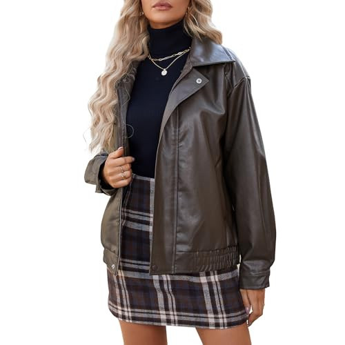 American Trends Womens Oversized Faux Leather Jackets Bomber Fall Motorcycle Coat Winter Outfits Clothes Coffee Brown XLarge | Amazon (US)