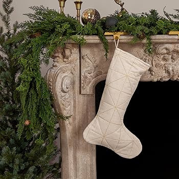 Creative Co-Op, Natural Quilted Cotton and Linen Stocking with Metallic Gold Thread Embroidery | Amazon (US)