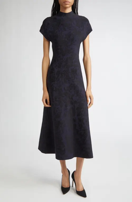 Lela Rose Mock Neck Floral Jacquard Midi Dress in Navy/Black at Nordstrom, Size Small | Nordstrom