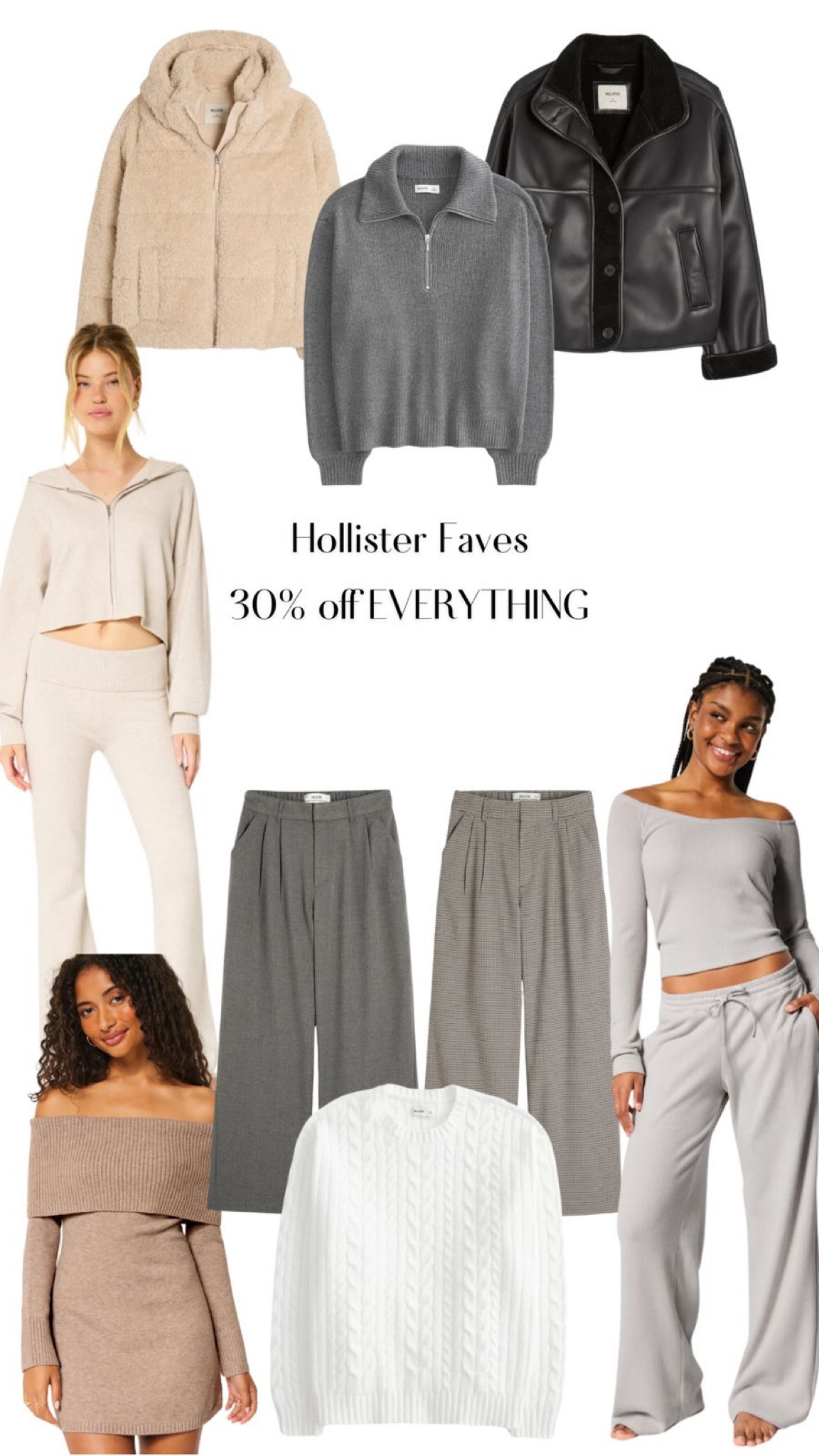 HOLLISTER BLACK FRIDAY FAVES 🖤

Cable knit jumper, Livvy ultra wide leg trousers, Gilly Hicks v neck top and waffle straight pants (sold separately as a co-ord), Sherpa puffer coat, Gilly Hicks sweater knit flare pants and zip up hoodie (sold separately as a co-ord) vegan leather jacket, off the shoulder knitted dress,oversized half zip sweater.

#LTKgiftguide #LTKuk #LTKCyberWeek