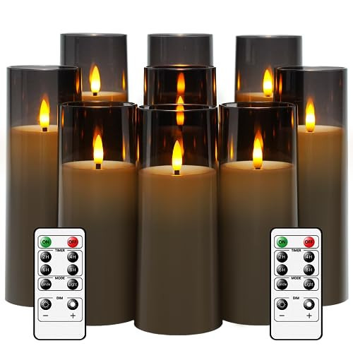 kakoya Flickering Flameless Candles Battery Operated with Remote and 2/4/6/8 H Timer Plexiglass Led Pillar Candles Pack of 9 (D2.3 xH 5" 6" 7") with Realistic Moving Wick Candles for Home Decor(Grey) | Amazon (US)