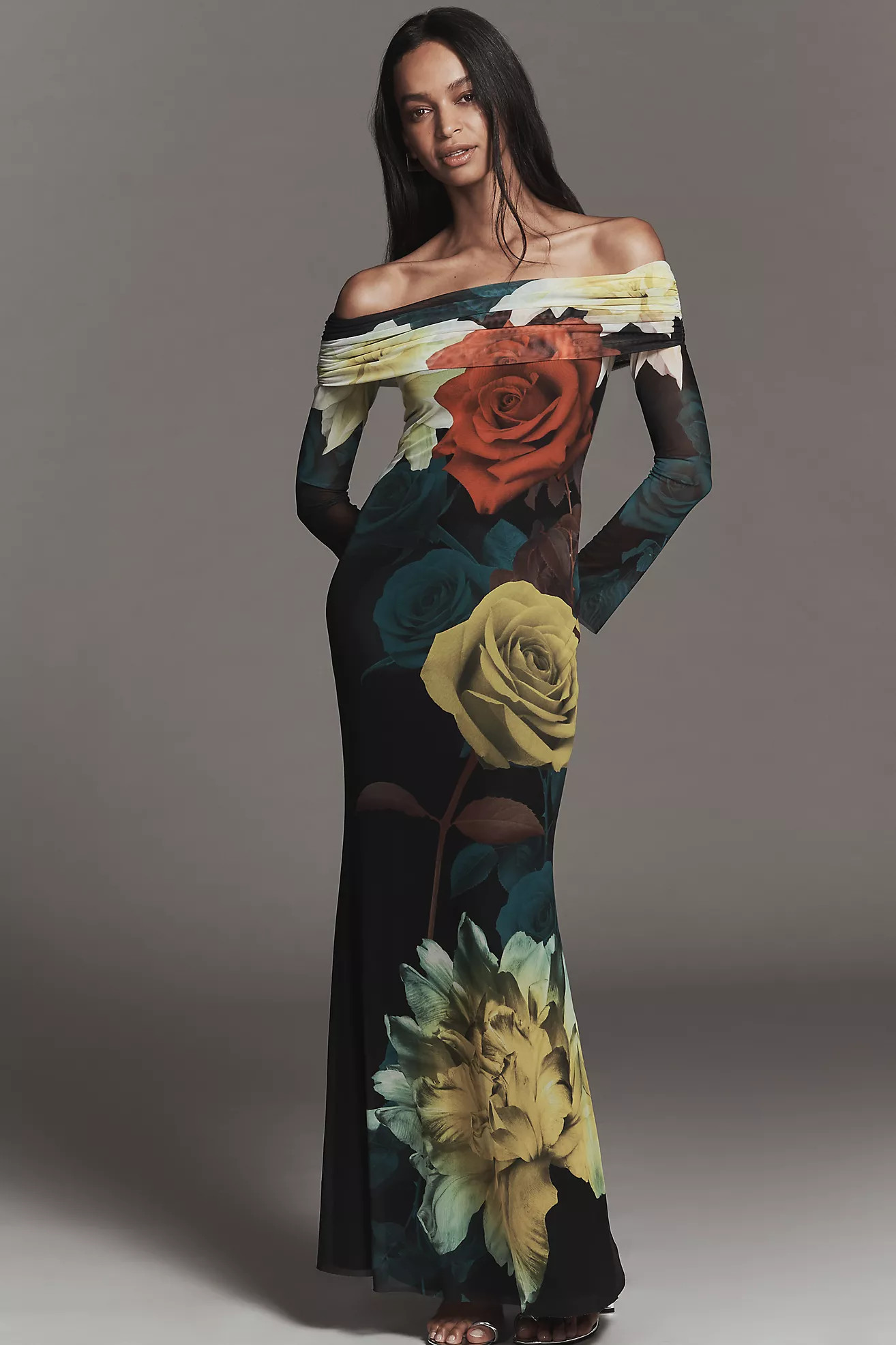 AFRM Long-Sleeve Off-The-Shoulder Mesh Maxi Dress | Anthropologie (US)