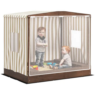 Kids Wooden Sandbox with Canopy Fully Covered, Outdoor Large Wood Sand Box with 2 Bench Seats, Bottom Liner, 56" x 40" x 52", Brown | Wayfair North America