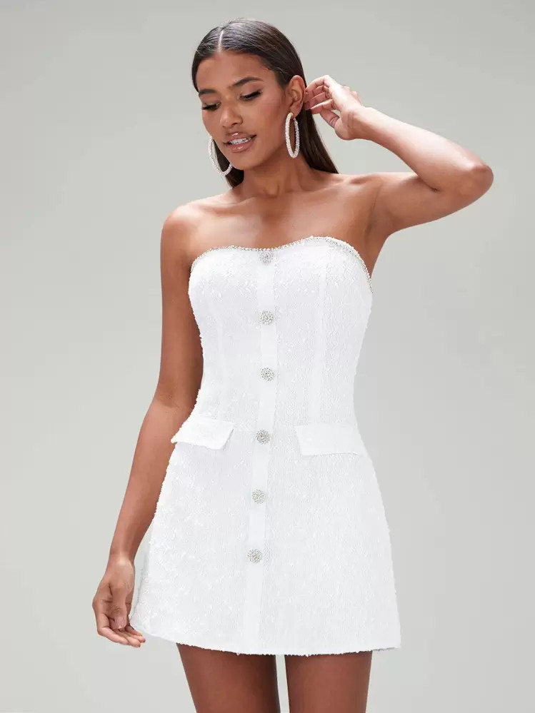 SHEIN BAE Button Front Tweed Tube Dress | SHEIN