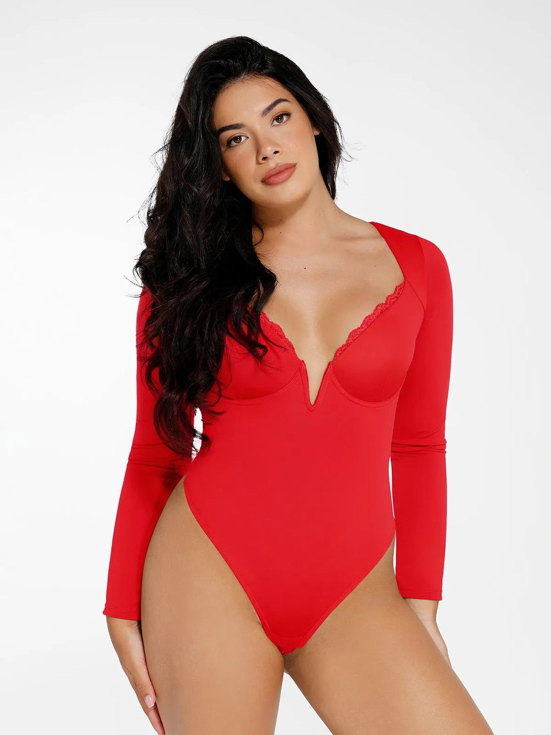 Shapewear Long Sleeve Lace Trim V-Neck Slimming Bodysuit | Popilush