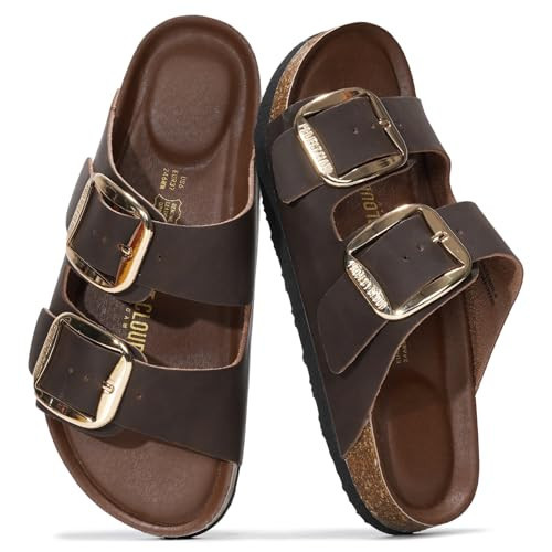 Project Cloud 100% Genuine Leather Flat Sandals for Women 2026 Comfortable Beach Essentials Womens Sandals Memory Foam Vacation Essentials Slides for Women Footwear (Santorini, Choc, 8) | Amazon (US)