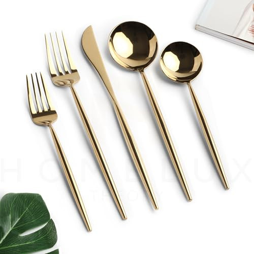 Homelux Theory 18/10 Gold Silverware Set, 5pc Mirror Polished Modern Silverware Set, 18/10 Gold Flatware, Gold Knife Set, Gold Silverware Set, Knife Spoons & Forks Set, Modern Cutlery Set of 2 | Amazon (US)