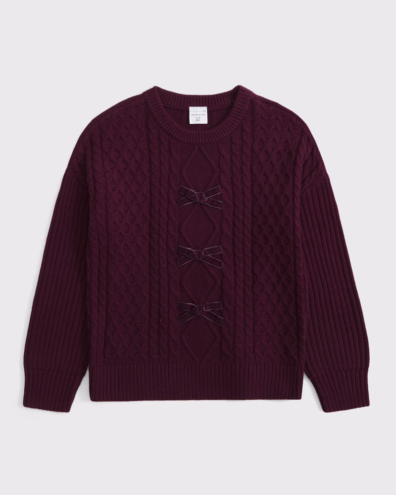 girls oversized bow cable-knit crew sweater | girls tops | Abercrombie.com | Abercrombie & Fitch (US)