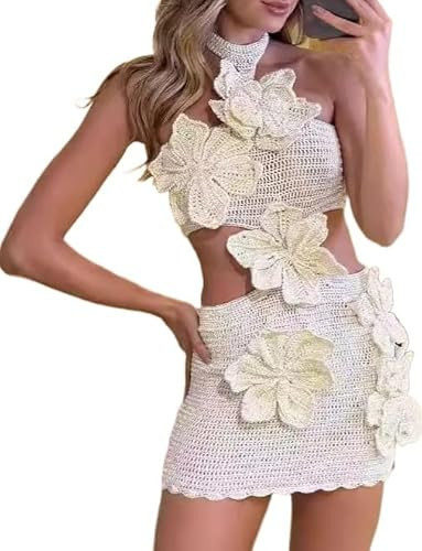 Women's Swimsuit Cover Up Sets Halter Knit Dress Hollow Out Crochet Knit Cover Up Dress 3D Flower Beach Mini Dress (White,S) | Amazon (US)