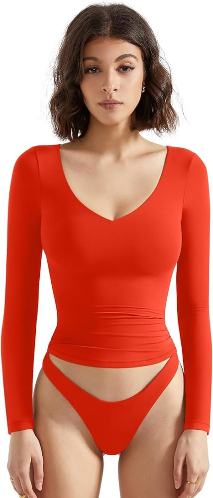 SUUKSESS Women Double Lined Casual V Neck Crop Tank Tops Basic Long Sleeve Shirts | Amazon (US)