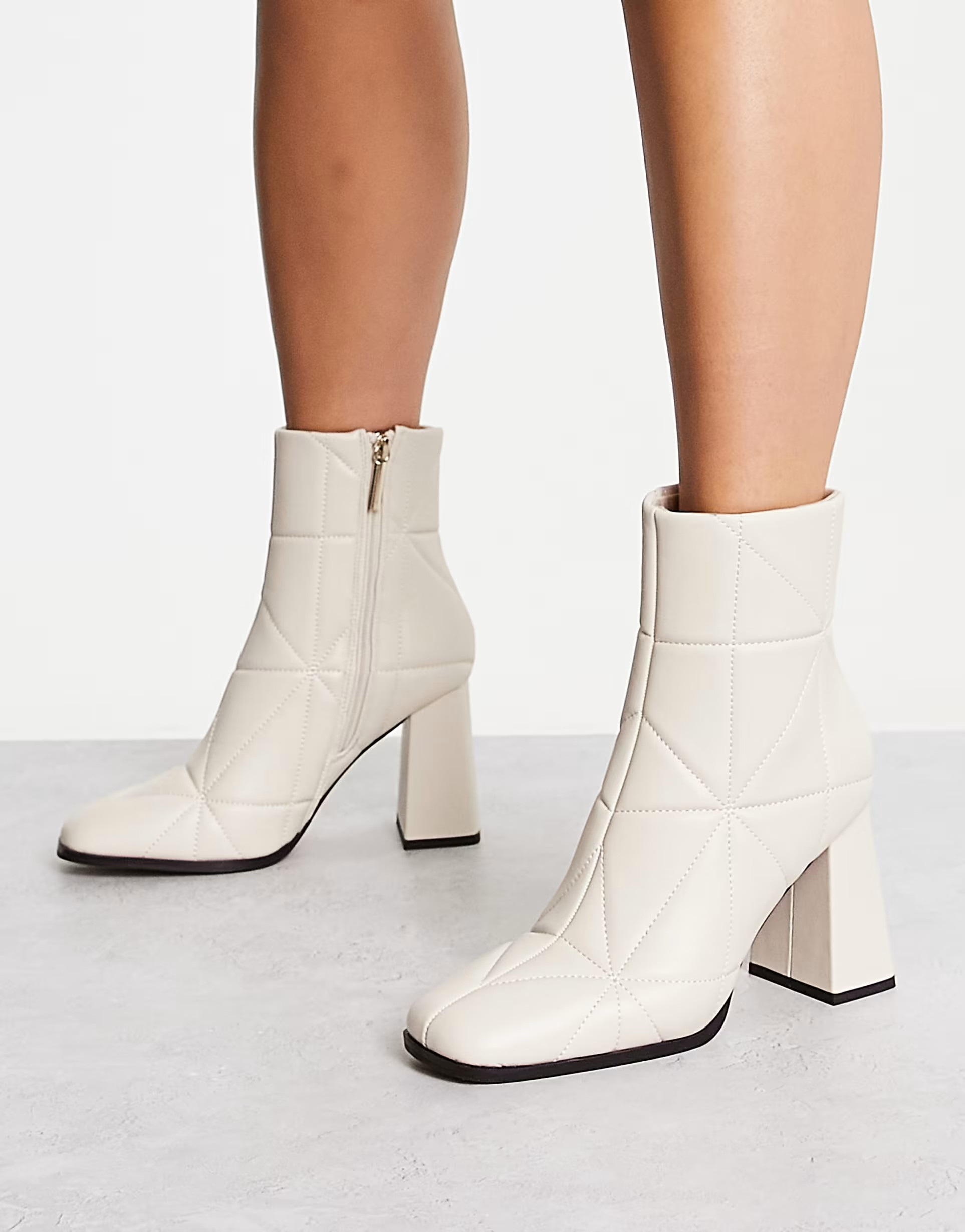 River Island quilted block heel boot in cream | ASOS (Global)