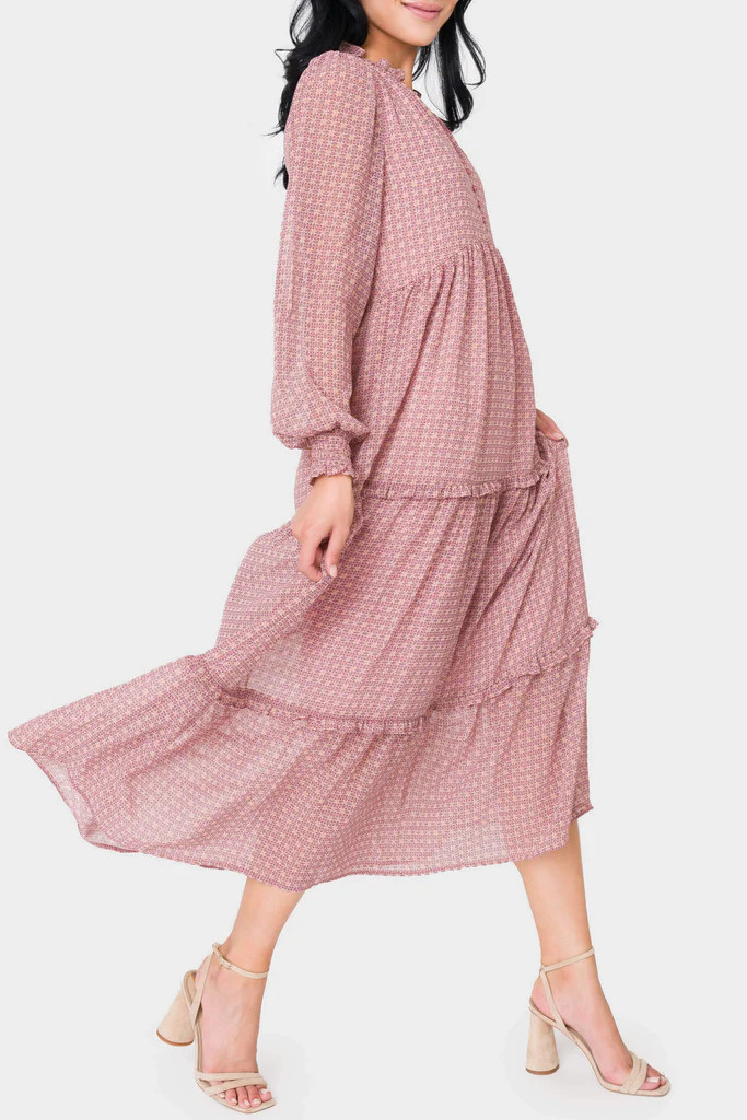 Long Sleeve Printed Chiffon Tiered Maxi Dress | Gibsonlook