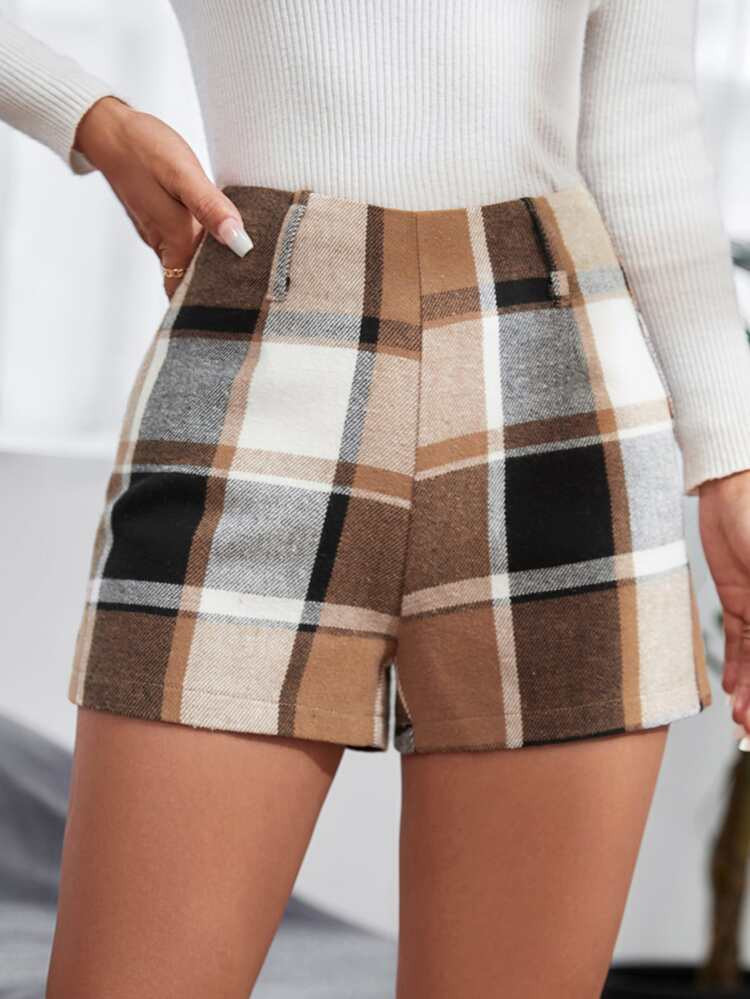 SHEIN PETITE Plaid Print High Waist Wool-Mix Shorts | SHEIN