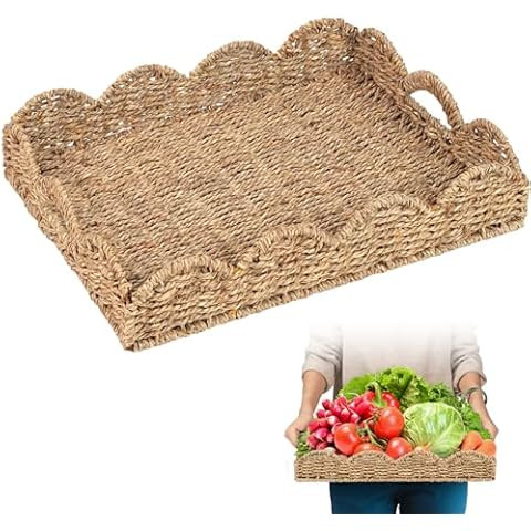 GRANNY SAYS Scalloped Edge Rectangle Wicker Serving Tray, Coffee Table Tray, Serving Trays with H... | Amazon (US)