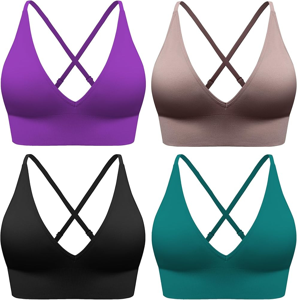 Evercute Women's Sports Bras 3/4 Pack Adjustable Deep V Neck Bras Wireless Spaghetti Strap Criss ... | Amazon (US)