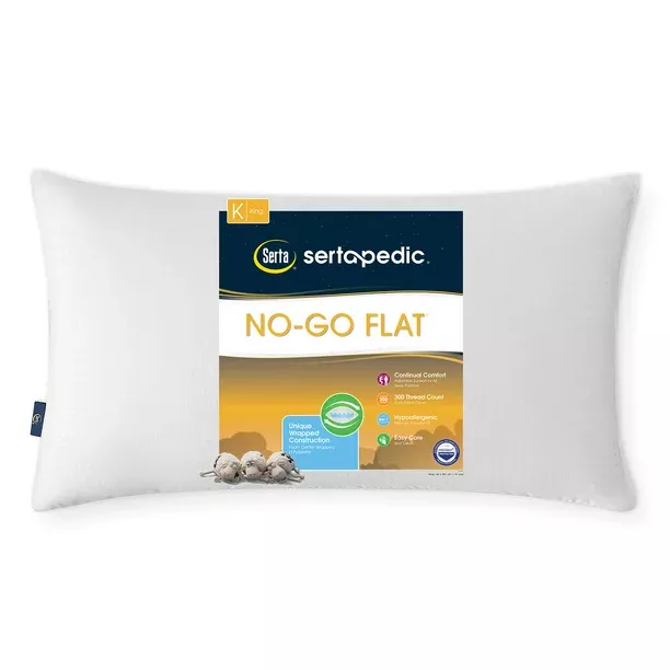 SertaPedic No Go Flat Bed Pillow, Set of 2, King, White