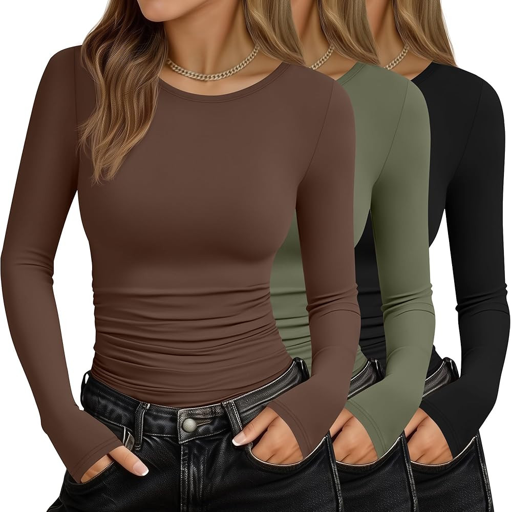 3 Pack Women's Long Sleeve Shirts Crew Neck Slim Fit Side Ruched Basic Tees Casual Stretchy Going... | Amazon (US)