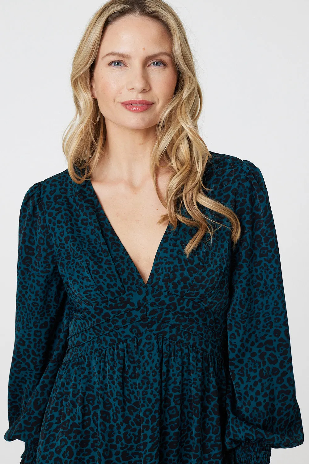 Dresses | Animal Print Long Puff Sleeve Midi Dress | Izabel London | Debenhams UK
