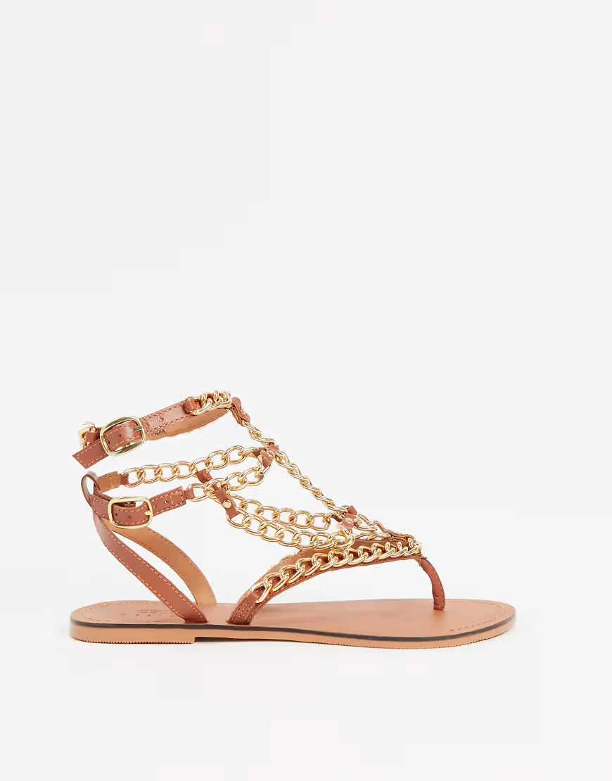 ASOS DESIGN Flute leather chain flat sandals in tan | ASOS (Global)