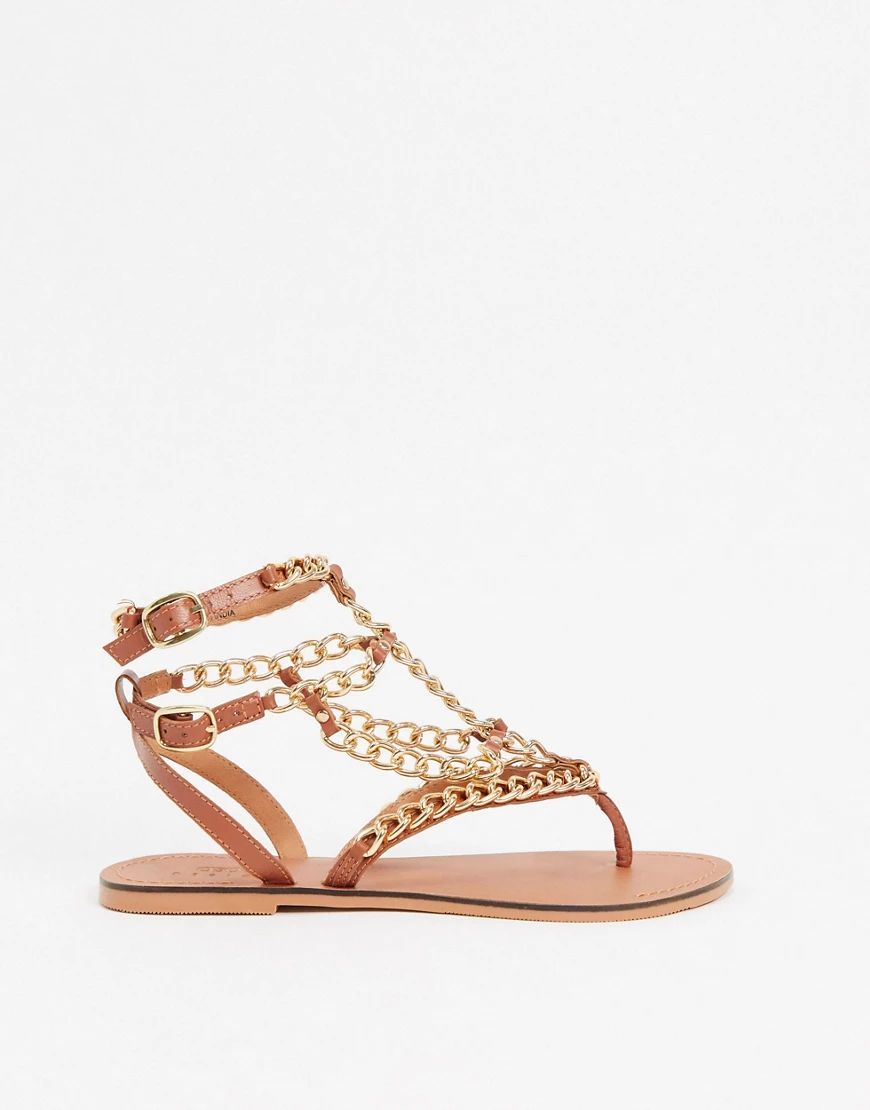 ASOS DESIGN Flute leather chain flat sandals in tan | ASOS (Global)