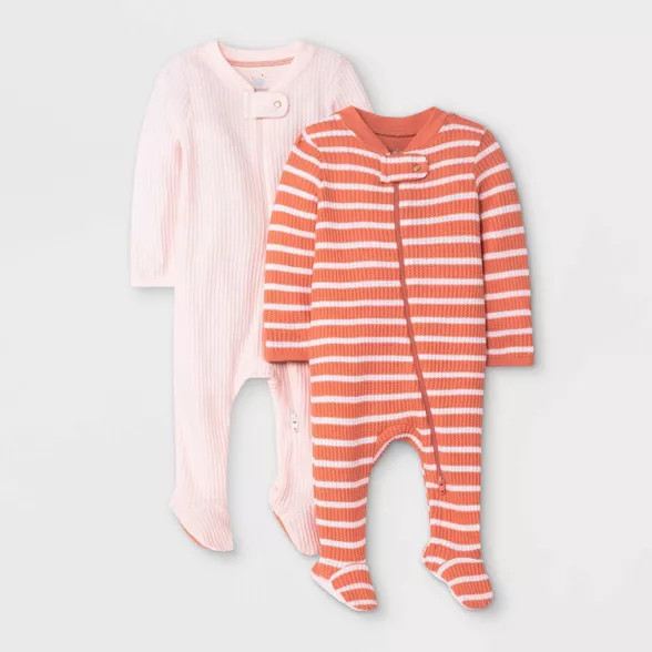 Baby Girls' 2pc Waffle Sleep N' Play with Mitten Cuffs - Cloud Island™ Coral Pink | Target