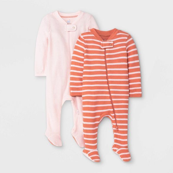 Baby Girls' 2pc Waffle Sleep N' Play with Mitten Cuffs - Cloud Island™ Coral Pink | Target