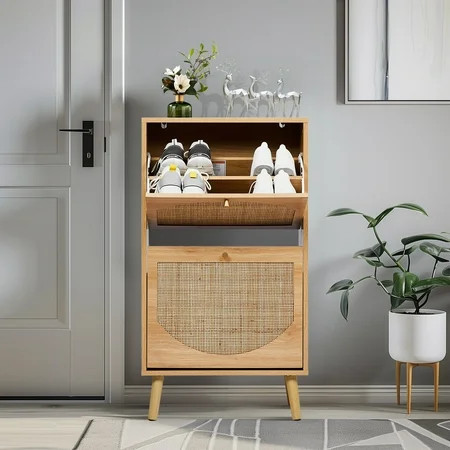 UBesGoo 2-Drawer 4-Tier Rattan Shoe Storage Cabinet, Shoe Rack Organizer for Entryway Living Room Bedroom Hallway Apartment, Natural | Walmart (US)