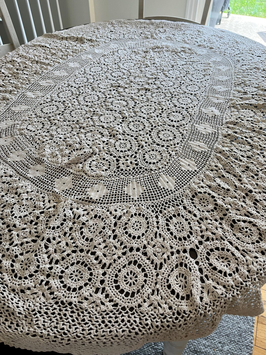 Vintage Hand Crochet Ecru Oval Tablecloth 70 X 64 Table Dining Kitchen Linens - Etsy | Etsy (US)
