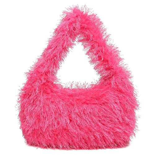 Faux Fur Fluffy Hobo Bag Furry Handbag Purse Y2K Fuzzy Tote Bag,Trendy Cute Plush Purse for Women (Hot Pink) | Amazon (US)