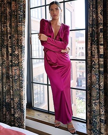 Satin Plunge Neck Long Sleeve Maxi Dress | Express