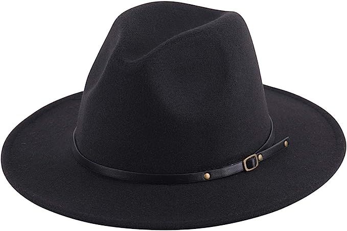 Lanzom Women Lady Retro Wide Brim Floppy Panama Hat Belt Buckle Wool Fedora Hat | Amazon (US)