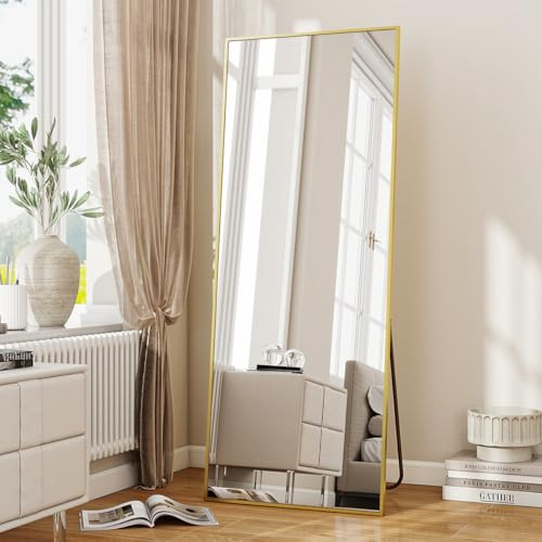 VooBang Full Length Mirror, 71" x 26" Floor Mirror with Stand, Aluminum Alloy Frame Full Body Mirror, Standing Hanging or Leaning Against The Wall for Bedroom Living Room, Gold | Amazon (US)