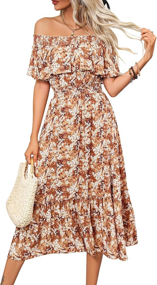 Women's 2024 Spring Summer Boho Off Shoulder Midi Dress Floral Short Sleeve A Line Casual Beach V... | Amazon (US)