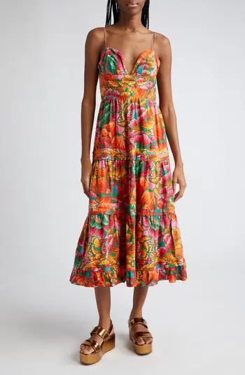 Beaded Floral Tiered Cotton Midi Dress | Nordstrom