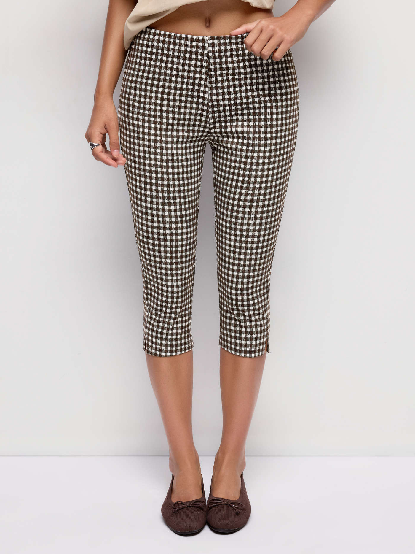Knit Fabric Low Rise Gingham Split Hem Leggings Capris For Daily Casual Work | Cider