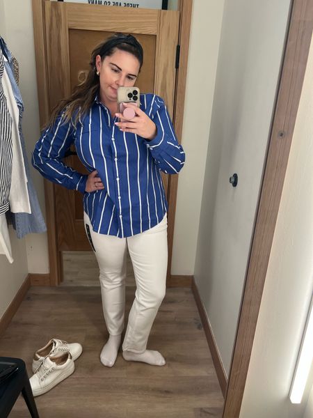 Jcrew factory has all the classic fall transition pieces right now 

Midsize try on 

Shirt - large 
White jeans - 30 

Fall outfit, work outfit, blue and white button down, blue and white outfit, business casual outfit 

#LTKmidsize #LTKsalealert #LTKworkwear