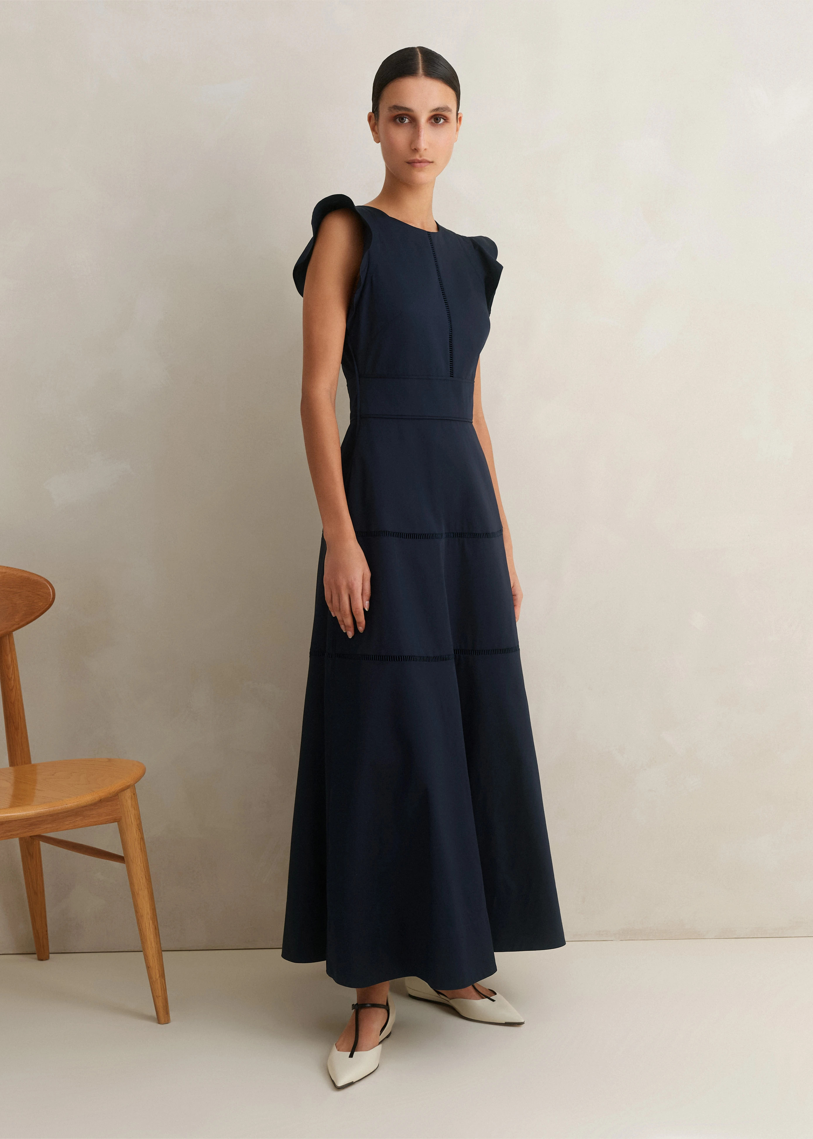 Women's Navy Cotton Poplin Volant Sleeve Maxi Dress | ME+EM | ME+EM US
