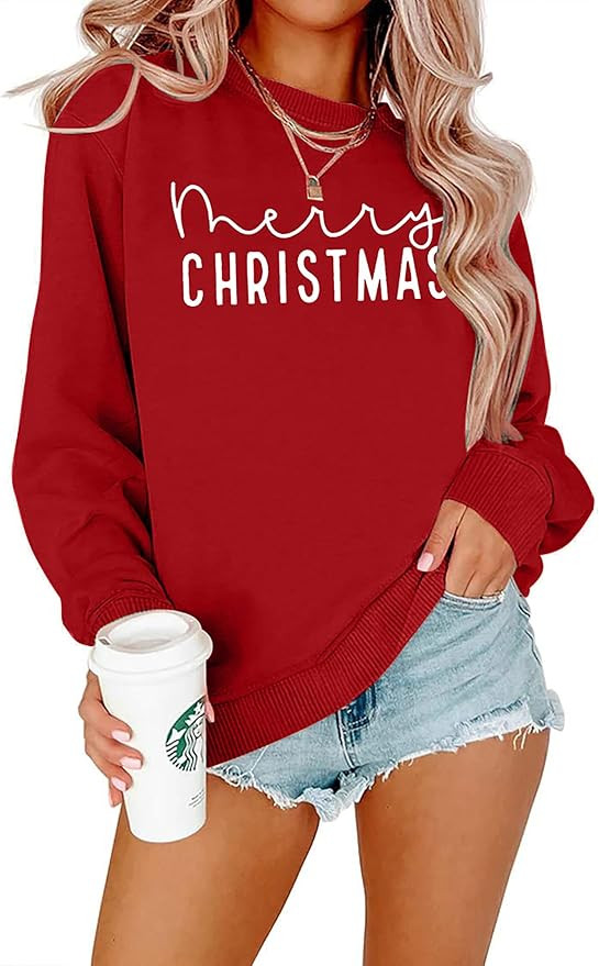 Merry Christmas Sweatshirts Women Classic Merry Letter Print Sweatshirts Xmas Holiday Party Pullo... | Amazon (US)