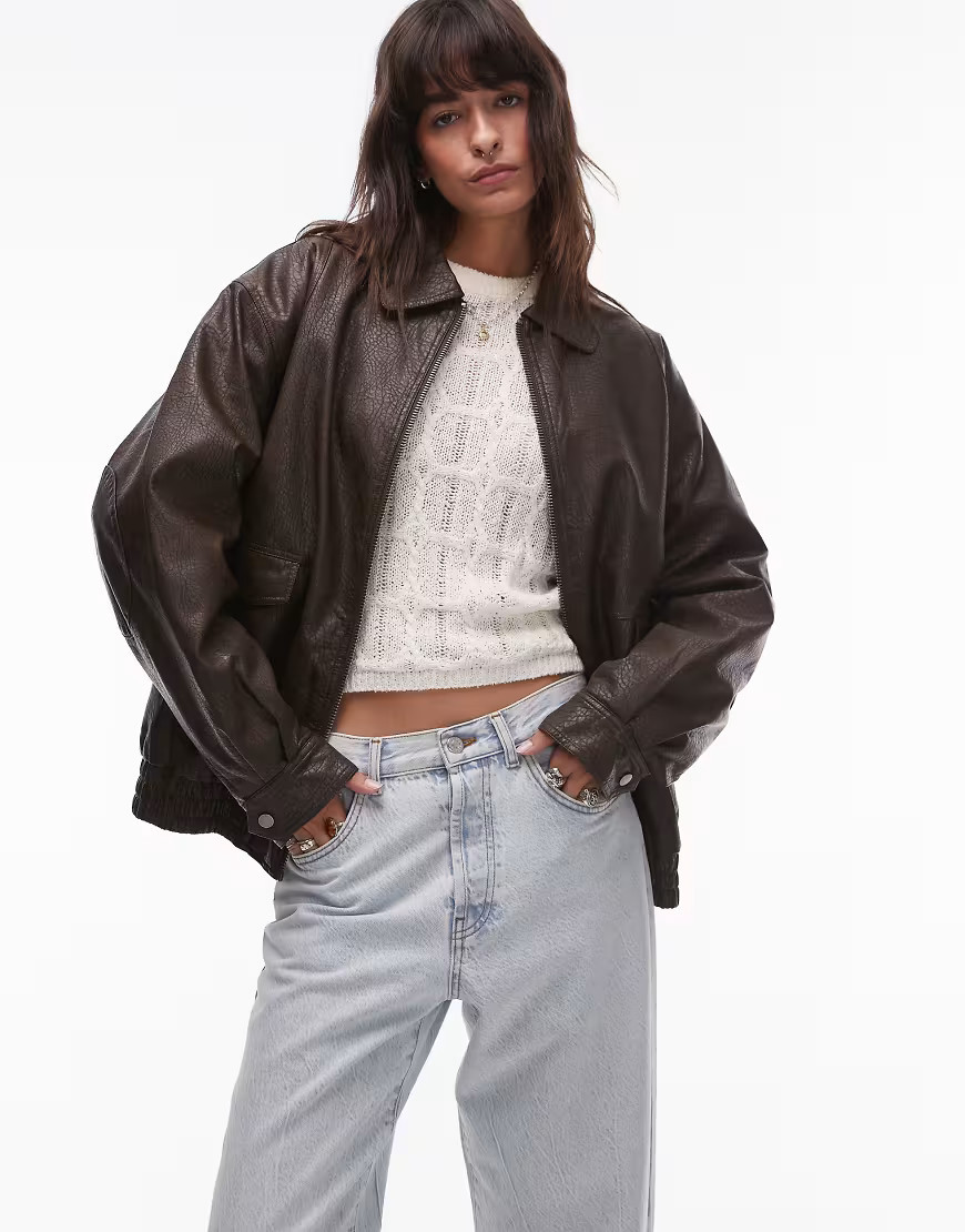 Topshop textured faux leather oversized collar bomber jacket in brown | ASOS (Global)