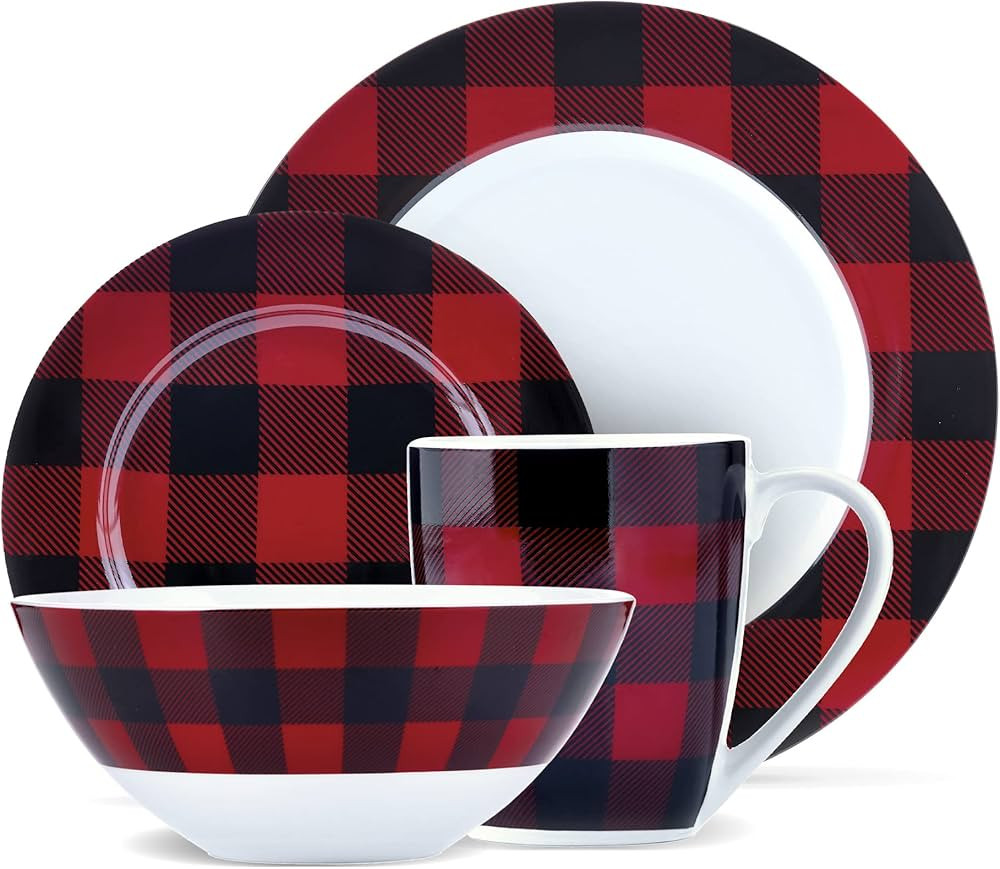 Safdie & Co. 16-Piece Red, Black Plaid Dinnerware Set, Porcelain, Includes Bowls, Plates, and Mug... | Amazon (US)