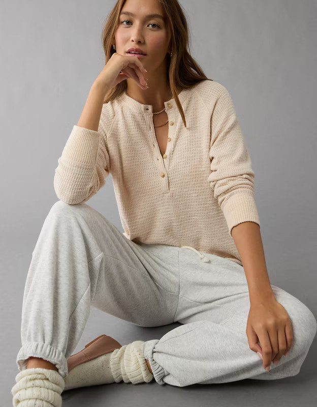 AE Plush Long-Sleeve Henley T-Shirt | American Eagle Outfitters (US & CA)
