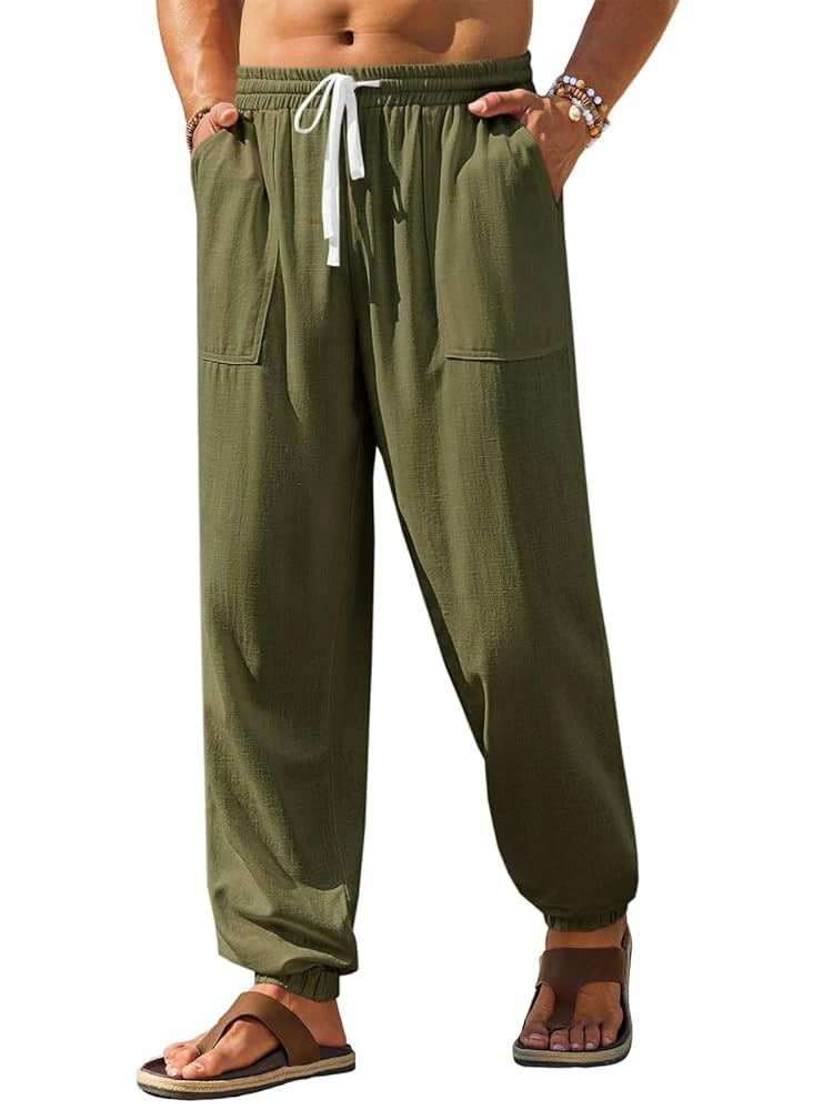 Runcati Mens Casual Pants Elastic Waist Drawstring Summer Cotton Jogger Pants Linen Yoga Beach Tr... | Amazon (US)