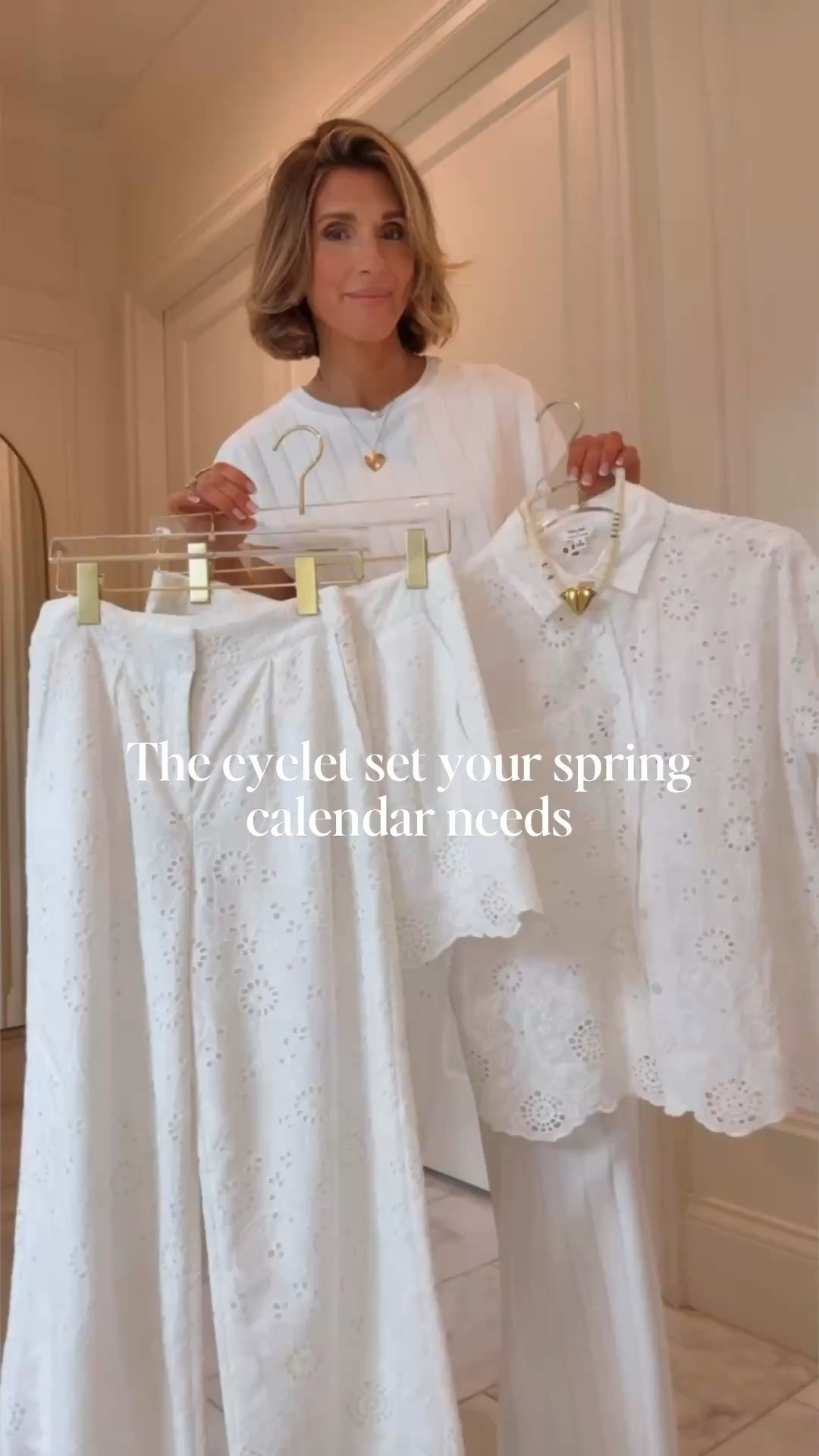 The prettiest eyelet matching set for spring 🤍 Perfect for Easter, Mother’s Day, showers, spring break dinners and more. Feminine, lightweight and so easy to wear. It also comes in a short option if you prefer that version!

Sizing reference: wearing XS in bottoms, S in top. I’m 5’7