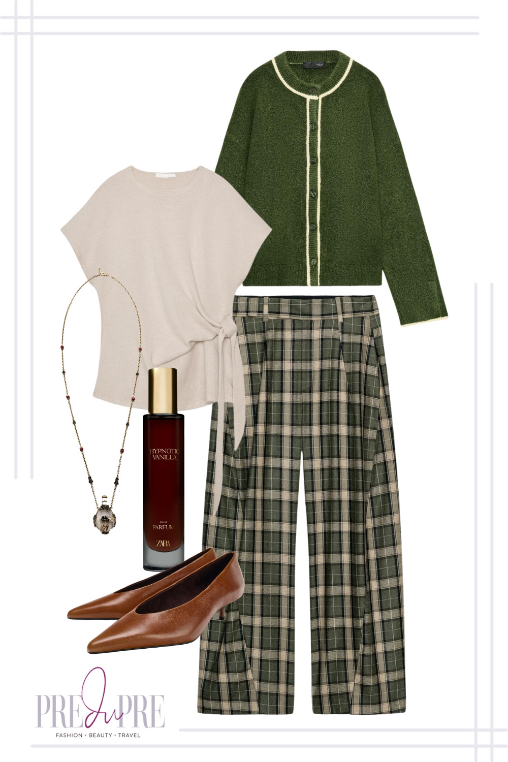 Embrace the cozy academic aesthetic with this chic and comfortable fall outfit! We're pairing high-waisted plaid wide-leg trousers with a sophisticated green trim-detail cardigan and a soft, neutral tie-front top. The rich brown pointed-toe flats and a dark, moody fragrance complete this inspired ensemble. This look is perfect for the office, a crisp fall weekend, or a casual dinner date. Shop these elevated, versatile pieces now!

#falloutfit #plaidpants #greenplaid #cardigan #fallfashion #academicstyle #cozyvibes #outfitinspo #preduprestyle #everydaychic 

 #LTKSeasonal #LTKStyleTip #LTKWorkwear