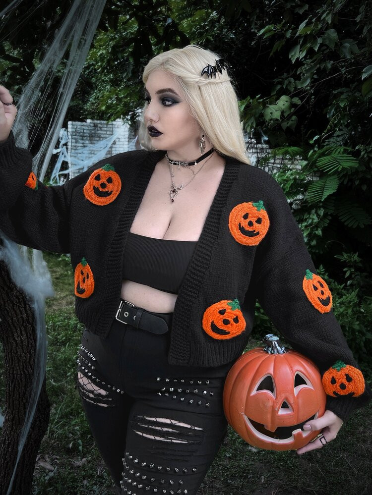 Plus Halloween Pumpkin Embroidery Drop Shoulder Duster Cardigan | SHEIN