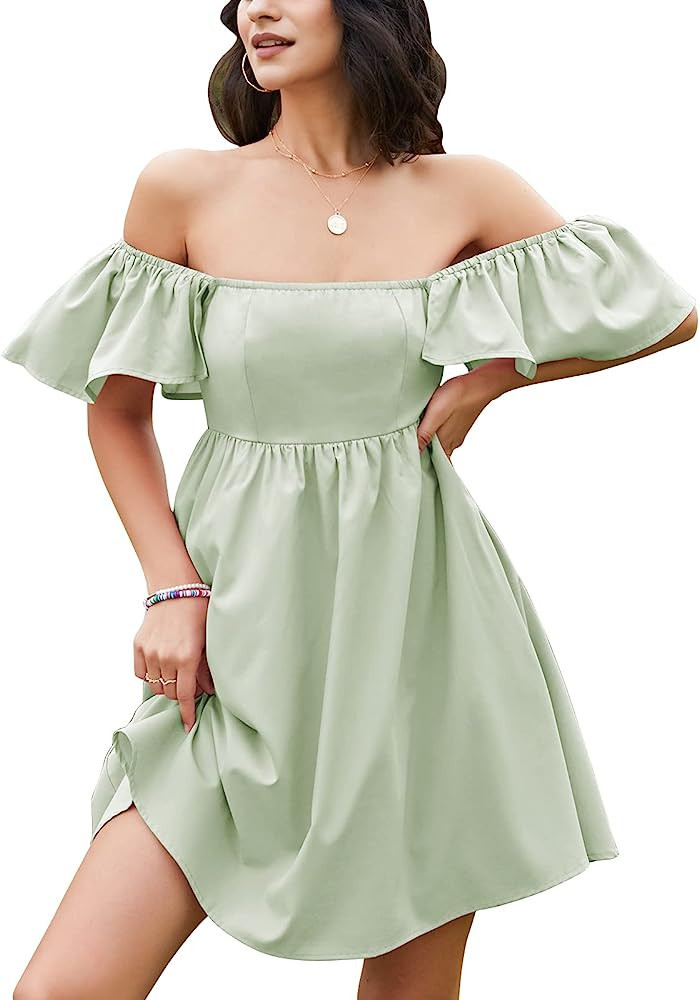 EXLURA Womens Casual Short Sleeve Square Neck Cap Sleeve Dress High Waist A-Line Casual Smocked B... | Amazon (US)